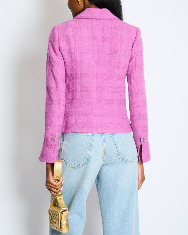 Chanel Purple Wool Tweed Jacket with Silver CC Logo Buttons Size FR 36 (UK 8)