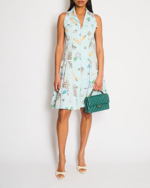 Chanel Vintage 96P Light Blue Sleeveless Mini Dress with Camelia, Bow and Pearl Prints with Silver CC Logo Front Zipper Detail Size FR 40 (UK 12)