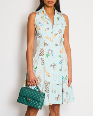 Chanel Vintage 96P Light Blue Sleeveless Mini Dress with Camelia, Bow and Pearl Prints with Silver CC Logo Front Zipper Detail Size FR 40 (UK 12)