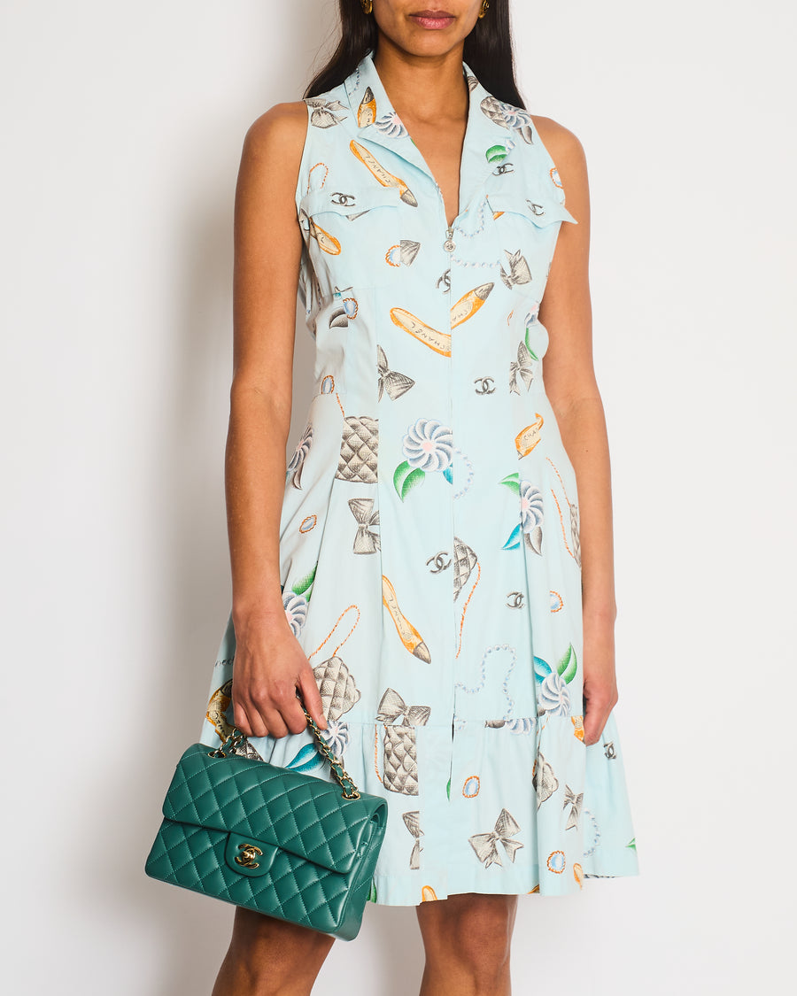 Chanel Vintage 96P Light Blue Sleeveless Mini Dress with Camelia, Bow and Pearl Prints with Silver CC Logo Front Zipper Detail Size FR 40 (UK 12)
