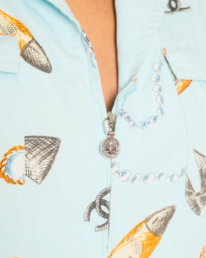 Chanel Vintage 96P Light Blue Sleeveless Mini Dress with Camelia, Bow and Pearl Prints with Silver CC Logo Front Zipper Detail Size FR 40 (UK 12)