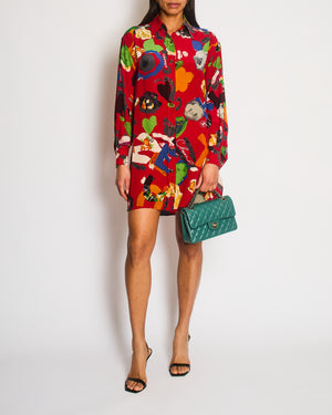 Chanel Vintage 92P Red Mini Shirt Dress with Multi-Colour Camelia and Logo Prints with Black and Gold CC Logo Buttons Details Size FR 38/40 (UK 10/12)