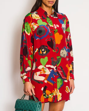 Chanel Vintage 92P Red Mini Shirt Dress with Multi-Colour Camelia and Logo Prints with Black and Gold CC Logo Buttons Details Size FR 38/40 (UK 10/12)