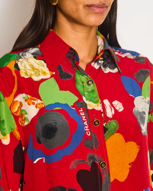 Chanel Vintage 92P Red Mini Shirt Dress with Multi-Colour Camelia and Logo Prints with Black and Gold CC Logo Buttons Details Size FR 38/40 (UK 10/12)