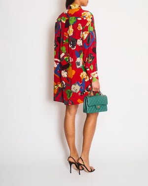 Chanel Vintage 92P Red Mini Shirt Dress with Multi-Colour Camelia and Logo Prints with Black and Gold CC Logo Buttons Details Size FR 38/40 (UK 10/12)