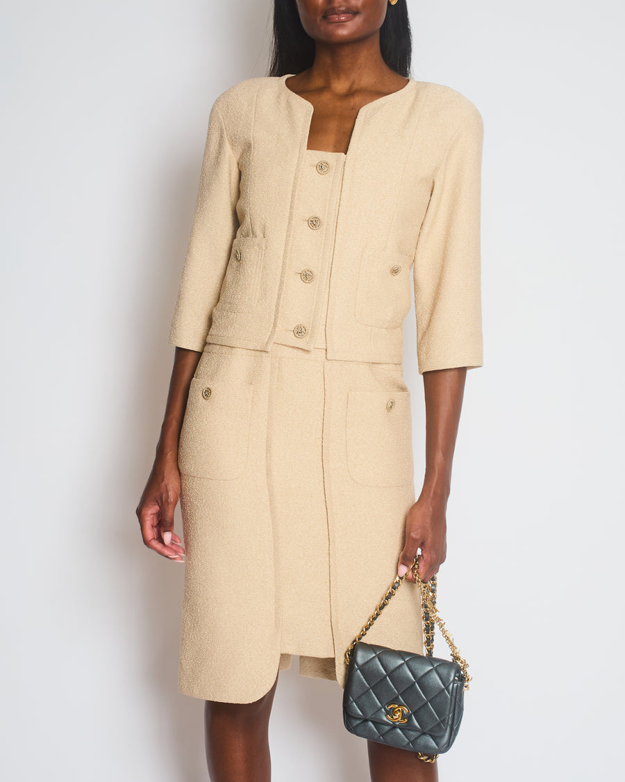 Chanel Cream Tweed Suit Jacket and Dress Set with Gold CC Logo Buttons Sellier Chanel Cream Tweed Suit Jacket and Dress Set with Gold CC Logo Buttons Sellier
