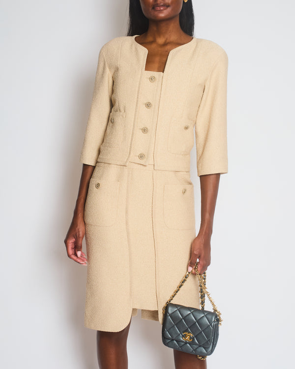 Chanel Cream Tweed Suit Jacket and Dress Set with Gold CC Logo Buttons Size FR 36-38 (UK 8-10)