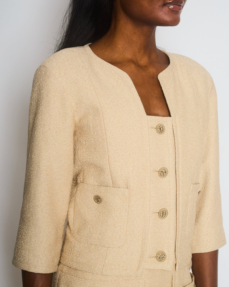 Chanel Cream Tweed Suit Jacket and Dress Set with Gold CC Logo Buttons Size FR 36-38 (UK 8-10)