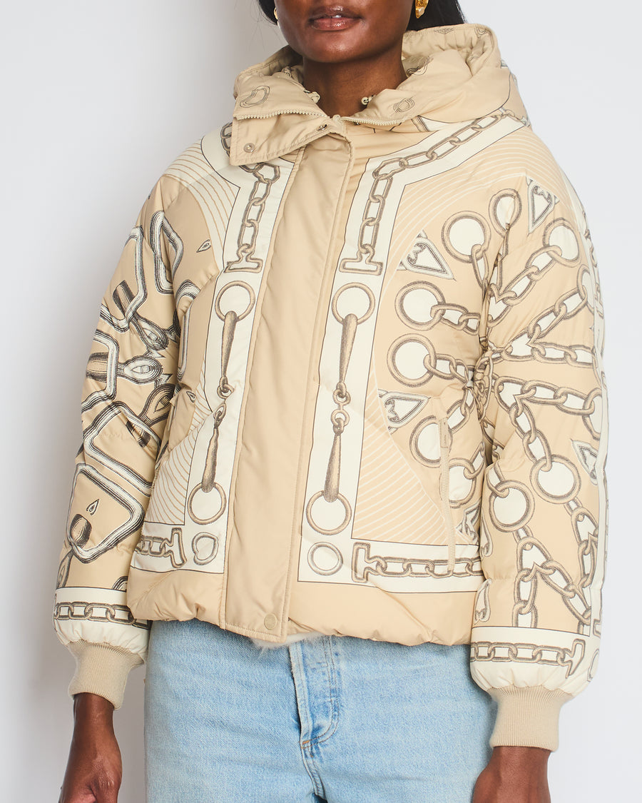 Hermès Beige Kaleidoscope Reversible Puffer Jacket with Chain Detail Size FR 34 UK 6