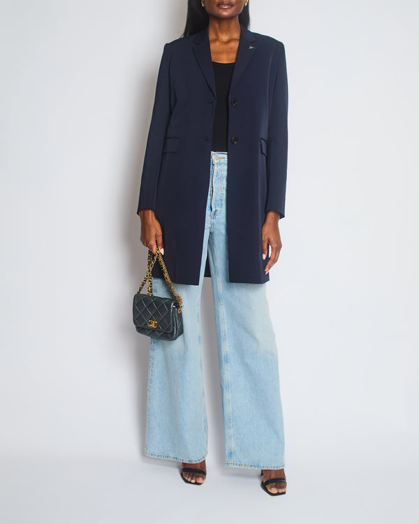 Prada Navy Techno Stretch Single Breasted Overcoat with Triangle Logo at Collar Size IT 40 (UK 8)