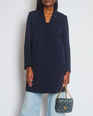 Prada Navy Techno Stretch Single Breasted Overcoat with Triangle Logo at Collar Size IT 40 (UK 8)