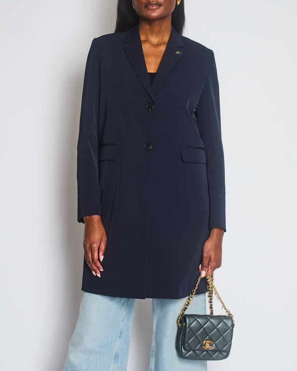 Prada Navy Techno Stretch Single Breasted Overcoat with Triangle Logo at Collar Size IT 40 (UK 8)