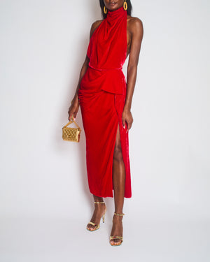 Alexander McQueen Red Velvet Dress with a Draped Cowl-Neck Design and a Ruffeled Detail at the Hip Size IT 38 (UK 6)