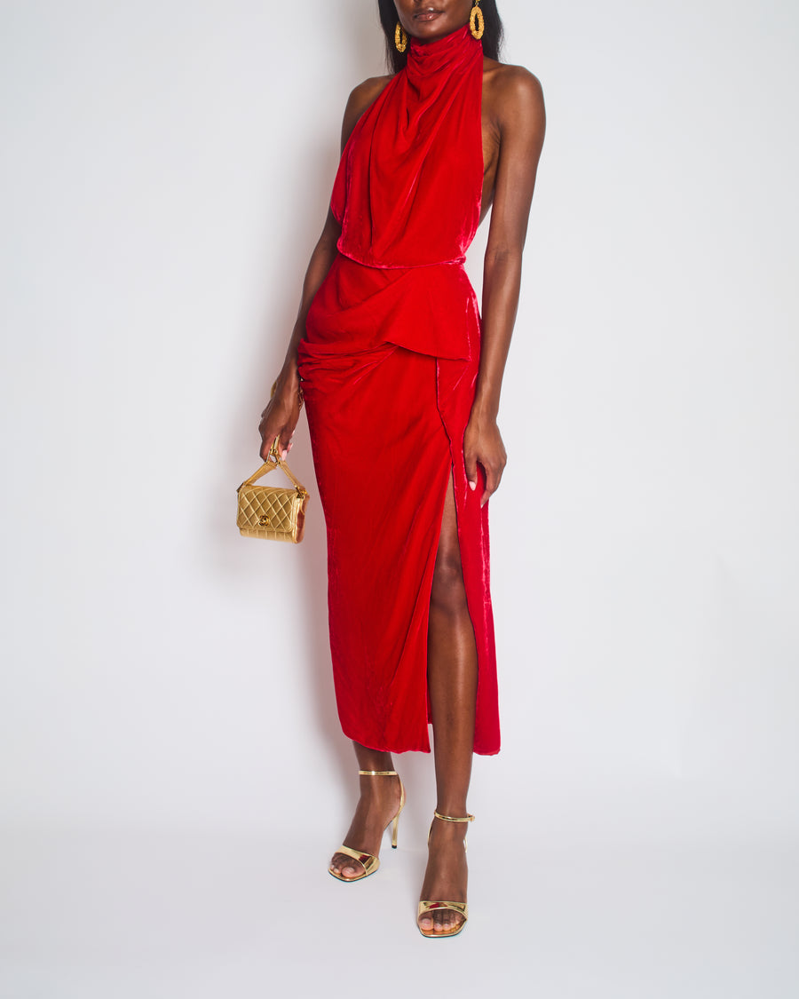 Alexander McQueen Red Velvet Dress with a Draped Cowl-Neck Design and a Ruffeled Detail at the Hip Size IT 38 (UK 6)