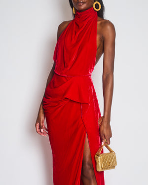 Alexander McQueen Red Velvet Dress with a Draped Cowl-Neck Design and a Ruffeled Detail at the Hip Size IT 38 (UK 6)