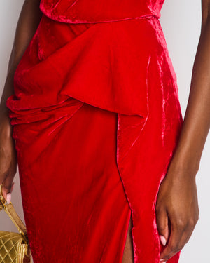 Alexander McQueen Red Velvet Dress with a Draped Cowl-Neck Design and a Ruffeled Detail at the Hip Size IT 38 (UK 6)