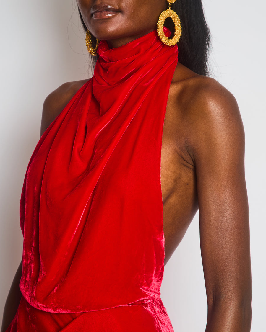 Alexander McQueen Red Velvet Dress with a Draped Cowl-Neck Design and a Ruffeled Detail at the Hip Size IT 38 (UK 6)