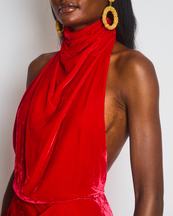 Alexander McQueen Red Velvet Dress with a Draped Cowl-Neck Design and a Ruffeled Detail at the Hip Size IT 38 (UK 6)