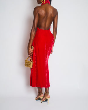 Alexander McQueen Red Velvet Dress with a Draped Cowl-Neck Design and a Ruffeled Detail at the Hip Size IT 38 (UK 6)
