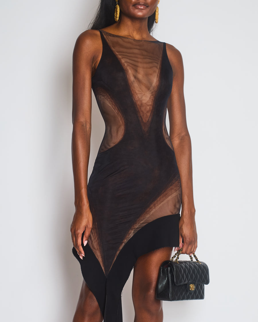 Mugler Asymmetric Scuba-Trimmed Stretch-Tulle Mini Dress FR 36 (UK 8)