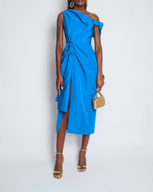 Alexander McQueen Blue One-Shoulder Bow-Emellished Slim-Fit Woven Midi Dress Size IT 38 (UK 6)