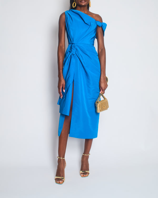 Alexander McQueen Blue One-Shoulder Bow-Emellished Slim-Fit Woven Midi Dress Size IT 38 (UK 6)