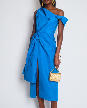 Alexander McQueen Blue One-Shoulder Bow-Emellished Slim-Fit Woven Midi Dress Size IT 38 (UK 6)