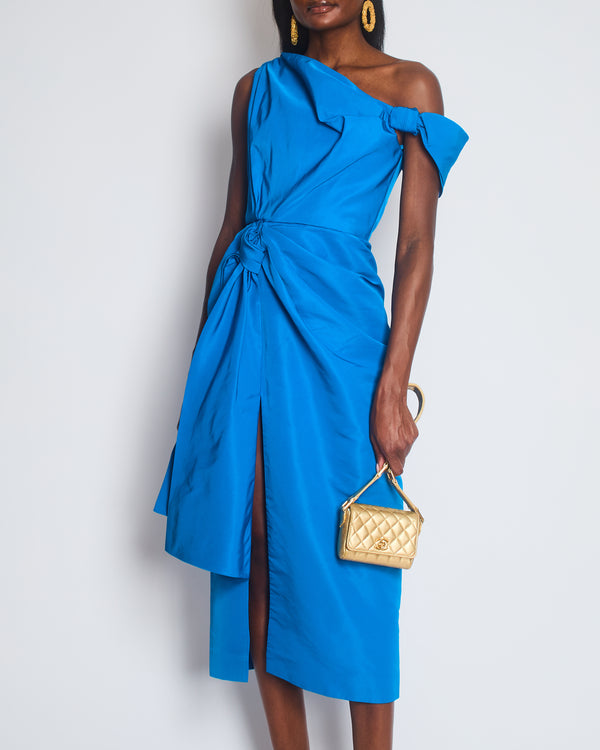 Alexander McQueen Blue One-Shoulder Bow-Emellished Slim-Fit Woven Midi Dress Size IT 38 (UK 6)