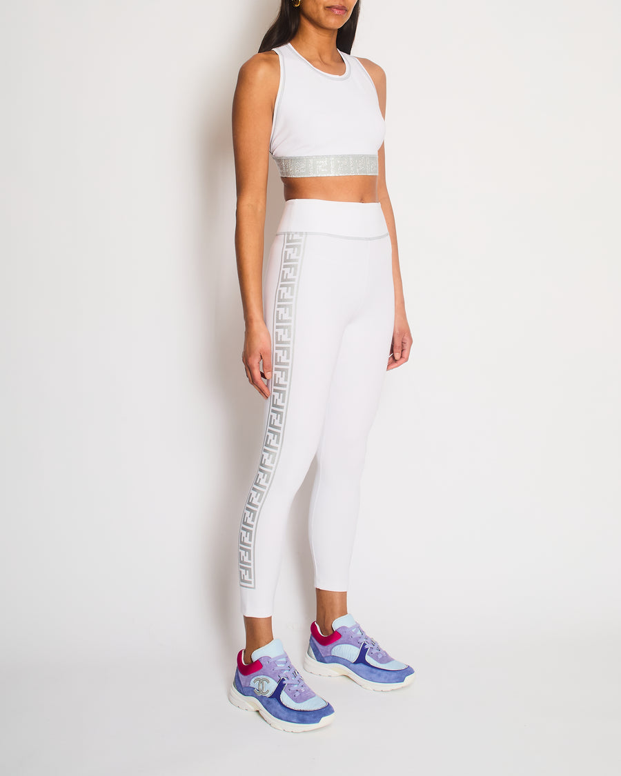 Fendi White Top and Leggings Sports Set with Silver Metallic Logo Details Size UK 8/UK 10