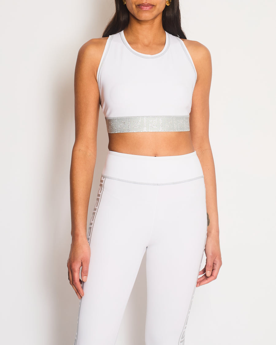 Fendi White Top and Leggings Sports Set with Silver Metallic Logo Details Size UK 8/UK 10