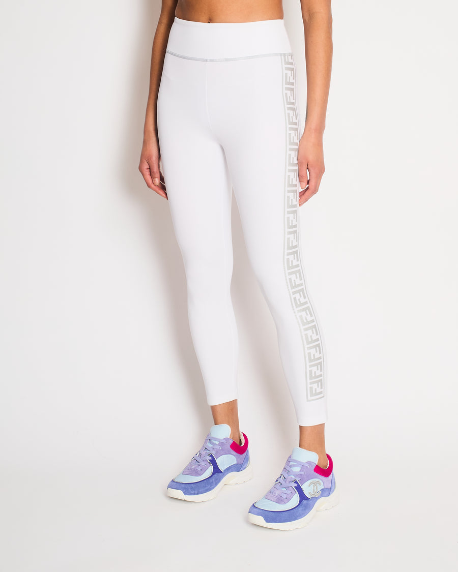 Fendi White Top and Leggings Sports Set with Silver Metallic Logo Details Size UK 8/UK 10