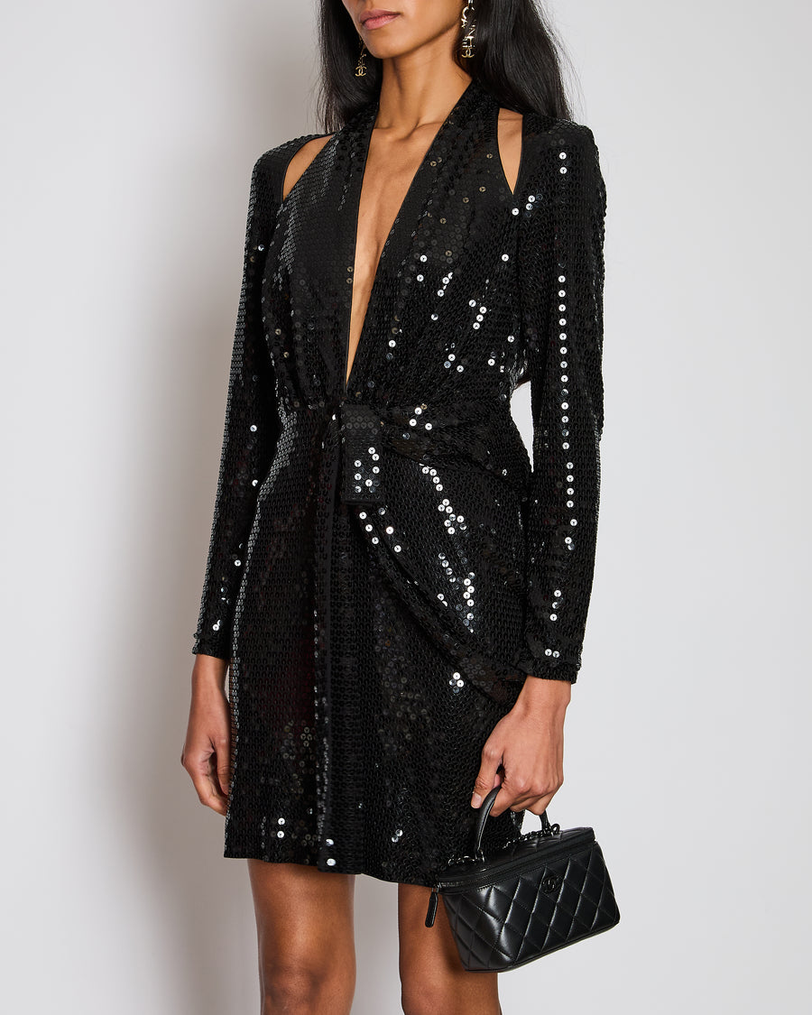Tom Ford Black Sequin Embellished Mini Dress with Cut Outs and Draped Belt Detail Size IT 38 (UK 6)