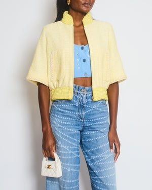 Chanel 19P Pastel Yellow Short Sleeve Tweed Bomber Jacket with CC Logo Detail Size FR 34 (UK 6)