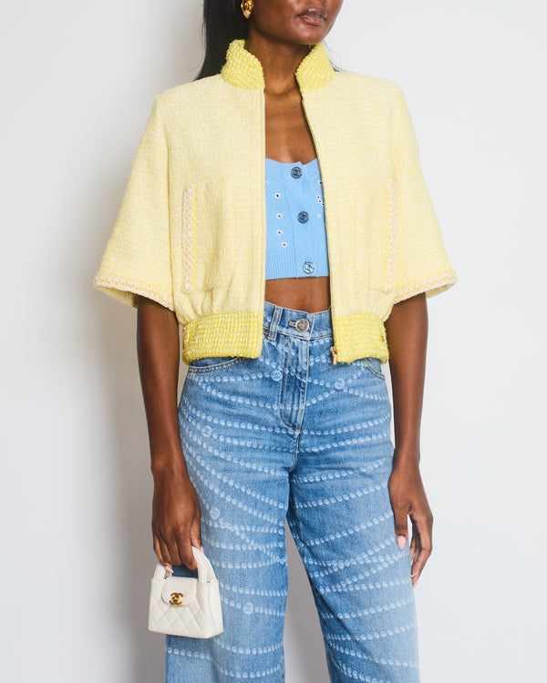 Chanel 19P Pastel Yellow Short Sleeve Tweed Bomber Jacket with CC Logo Detail Size FR 34 (UK 6)