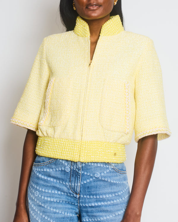 Chanel 19P Pastel Yellow Short Sleeve Tweed Bomber Jacket with CC Logo Detail Size FR 34 (UK 6)