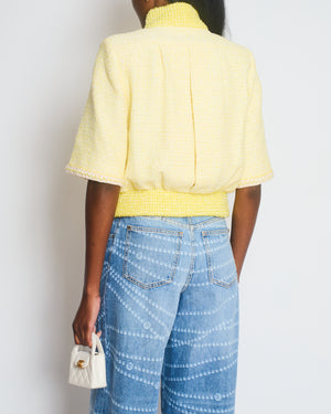 Chanel 19P Pastel Yellow Short Sleeve Tweed Bomber Jacket with CC Logo Detail Size FR 34 (UK 6)
