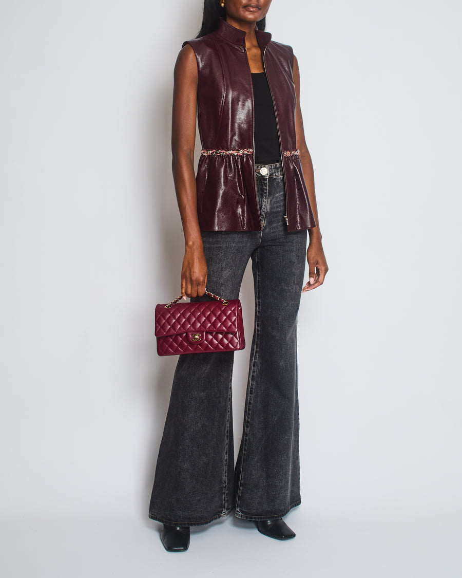 Chanel Burgundy Bordeaux Leather Gilet with Tweed Trim and Peplum Hem Size FR 36 (UK 8)