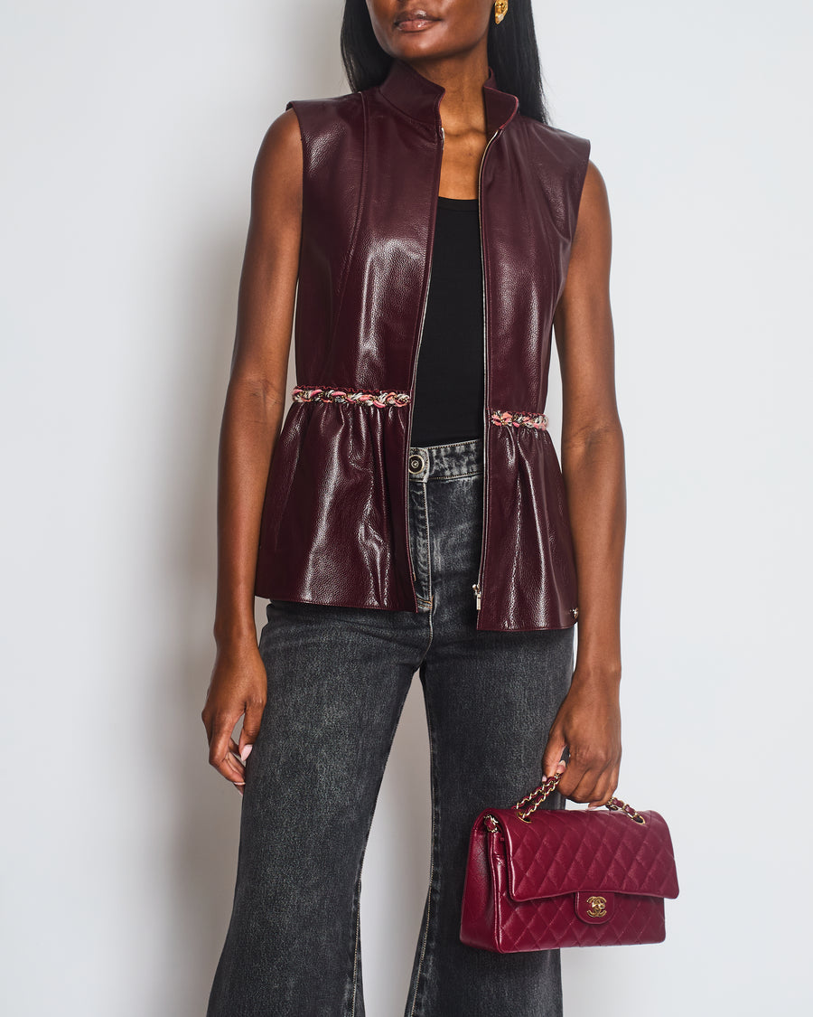 Chanel Burgundy Bordeaux Leather Gilet with Tweed Trim and Peplum Hem Size FR 36 (UK 8)