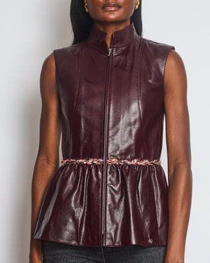 Chanel Burgundy Bordeaux Leather Gilet with Tweed Trim and Peplum Hem Size FR 36 (UK 8)