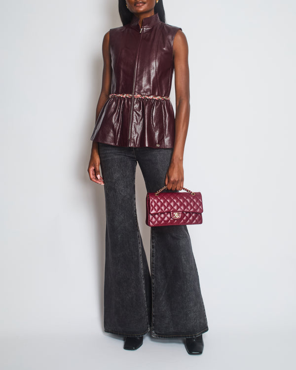 Chanel Burgundy Bordeaux Leather Gilet with Tweed Trim and Peplum Hem Size FR 36 (UK 8)