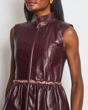 Chanel Burgundy Bordeaux Leather Gilet with Tweed Trim and Peplum Hem Size FR 36 (UK 8)