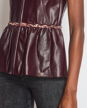 Chanel Burgundy Bordeaux Leather Gilet with Tweed Trim and Peplum Hem Size FR 36 (UK 8)