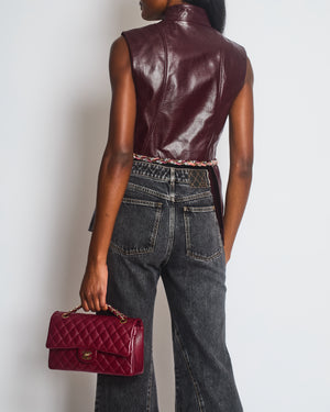 Chanel Burgundy Bordeaux Leather Gilet with Tweed Trim and Peplum Hem Size FR 36 (UK 8)