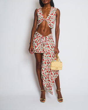 Magda Butrym White Rose-Print Draped Twist Top and Mini Skirt with 3D Floral Appliqué Set Size UK 10-12