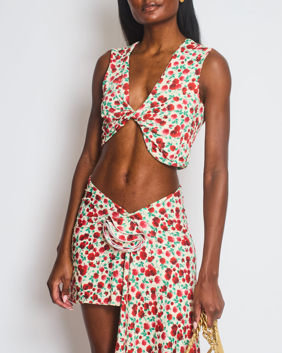 Magda Butrym White Rose-Print Draped Twist Top and Mini Skirt with 3D Floral Appliqué Set Size UK 10-12
