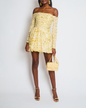 Clio Peppiatt Yellow and White Melva Off Shoulder Mini Dress Size XS (UK 6)