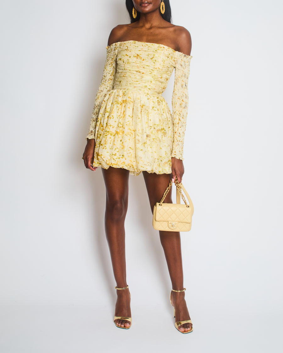 Clio Peppiatt Yellow and White Melva Off Shoulder Mini Dress Size XS (UK 6)