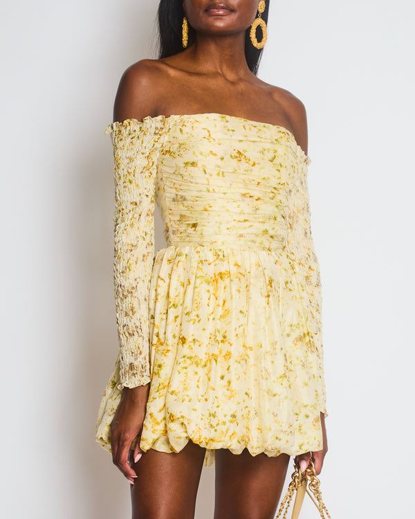 Clio Peppiatt Yellow and White Melva Off Shoulder Mini Dress Size XS (UK 6)
