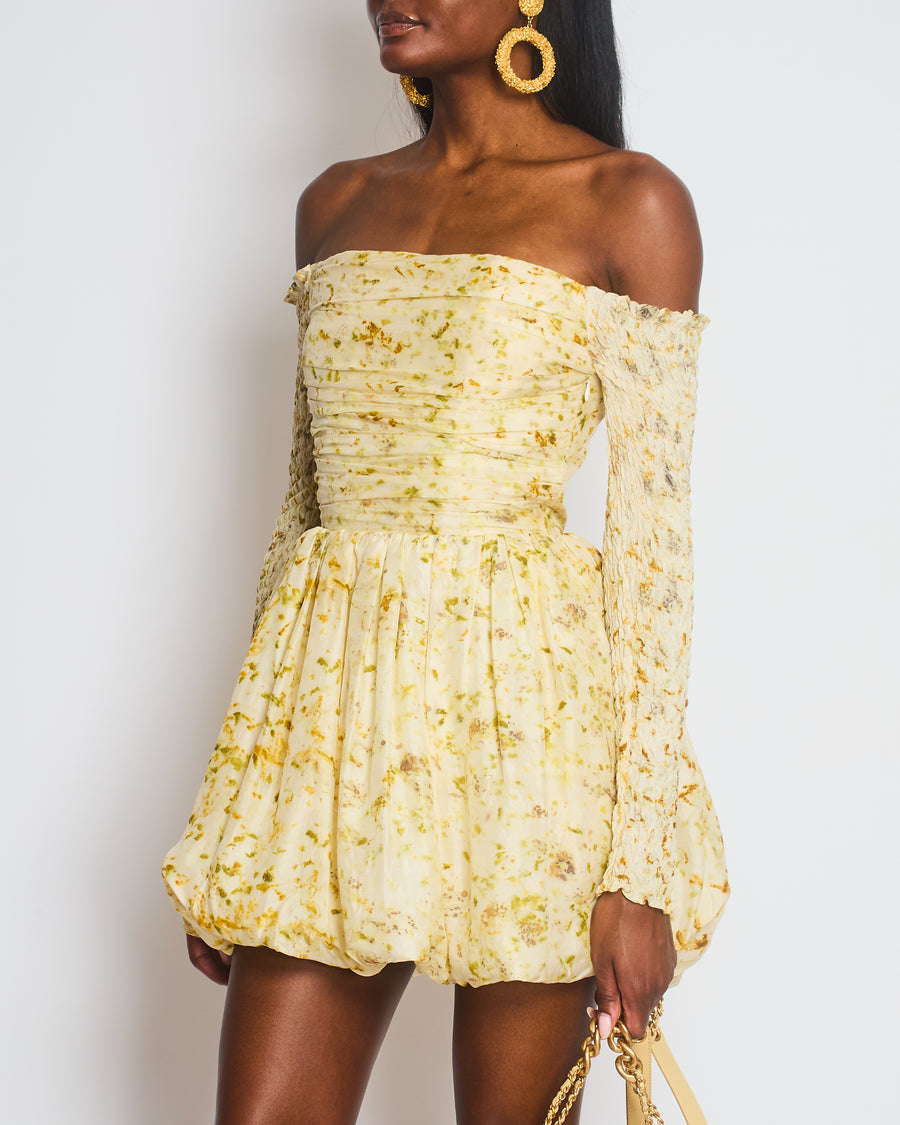 Clio Peppiatt Yellow and White Melva Off Shoulder Mini Dress Size XS (UK 6)