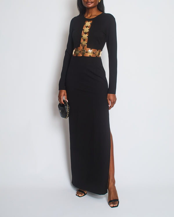 STAUD Black Delphine Cutout Maxi Dress with Gold Embellishments Size US 4 (UK 8)